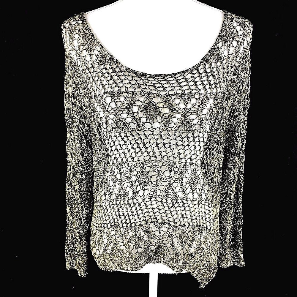 Missshop Womens Chain Link Woven Top S‎ Small Open Sheer Wire Long Sleeve Accent